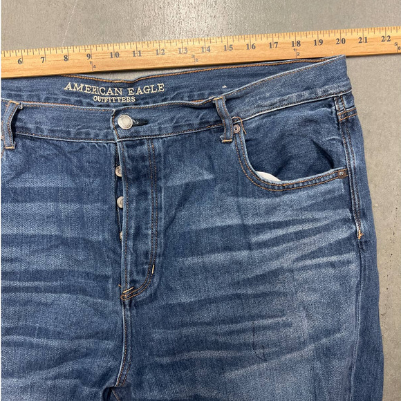 American Eagle Hi Rise Girlfriend Jeans Womens 20L Blue Distressed Frayed Hem - Picture 3 of 10